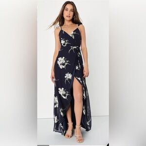 NWT Lulu’s All Mine Navy Floral Print High-Low Wrap Dress